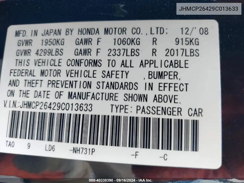 JHMCP26429C013633 2009 Honda Accord 2.4 Lx-P