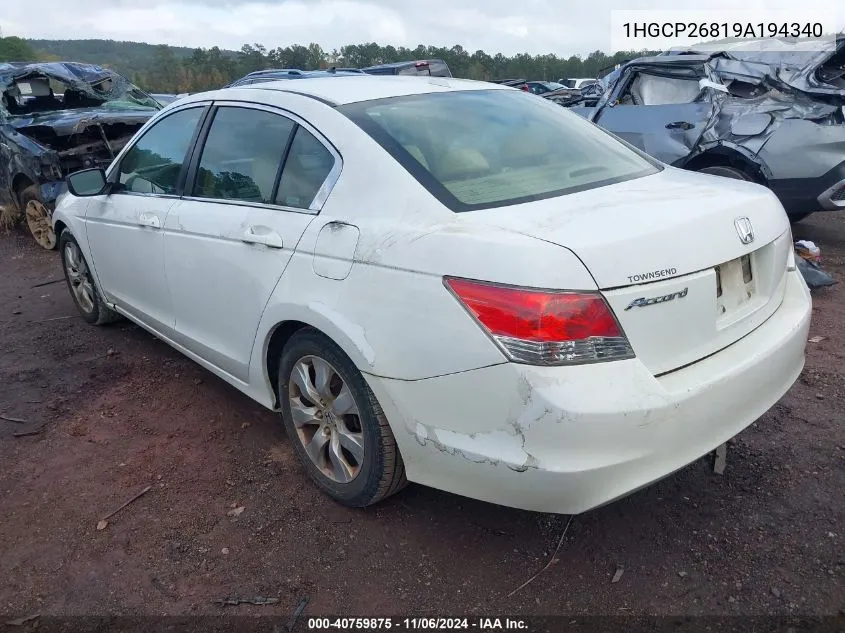 2009 Honda Accord 2.4 Ex-L VIN: 1HGCP26819A194340 Lot: 40759875