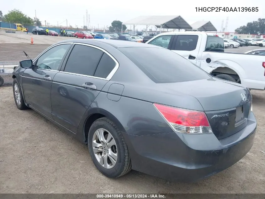 2010 Honda Accord 2.4 Lx-P VIN: 1HGCP2F40AA139685 Lot: 39410949