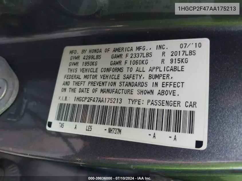 2010 Honda Accord 2.4 Lx-P VIN: 1HGCP2F47AA175213 Lot: 39836000