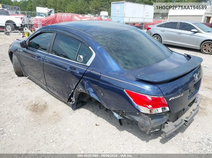 2010 Honda Accord 2.4 Ex VIN: 1HGCP2F75AA194689 Lot: 40281869