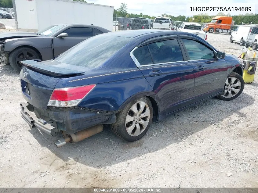 2010 Honda Accord 2.4 Ex VIN: 1HGCP2F75AA194689 Lot: 40281869