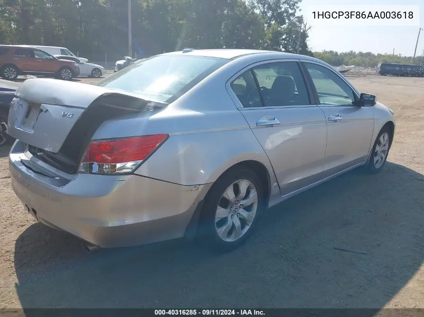 2010 Honda Accord 3.5 Ex-L VIN: 1HGCP3F86AA003618 Lot: 40316285