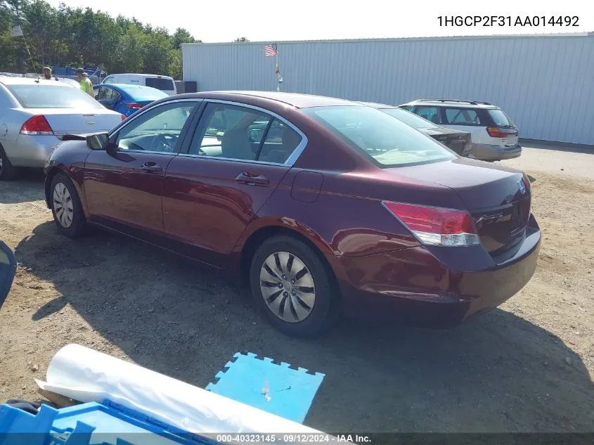 2010 Honda Accord 2.4 Lx VIN: 1HGCP2F31AA014492 Lot: 40323145