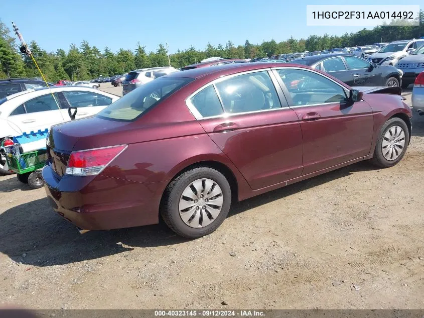 2010 Honda Accord 2.4 Lx VIN: 1HGCP2F31AA014492 Lot: 40323145