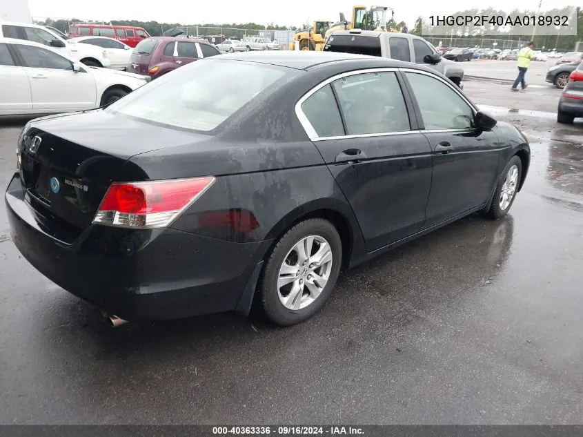 2010 Honda Accord 2.4 Lx-P VIN: 1HGCP2F40AA018932 Lot: 40363336