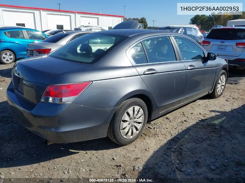 2010 Honda Accord Lx VIN: 1HGCP2F36AA002953 Lot: 40675125