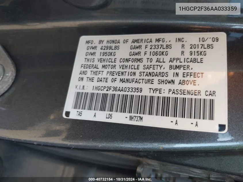 1HGCP2F36AA033359 2010 Honda Accord 2.4 Lx