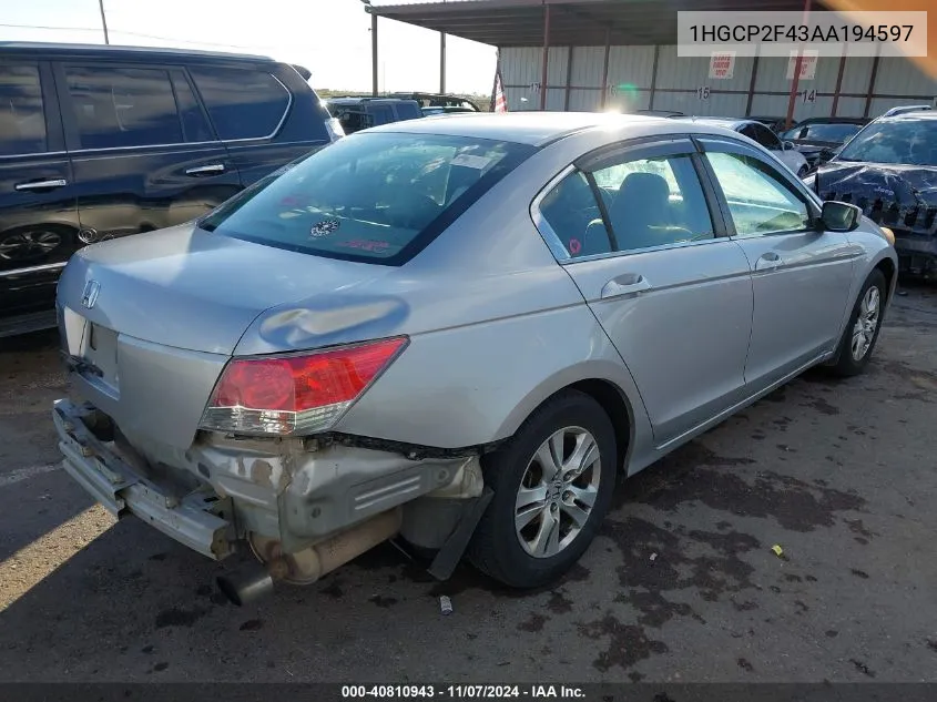 2010 Honda Accord 2.4 Lx-P VIN: 1HGCP2F43AA194597 Lot: 40810943