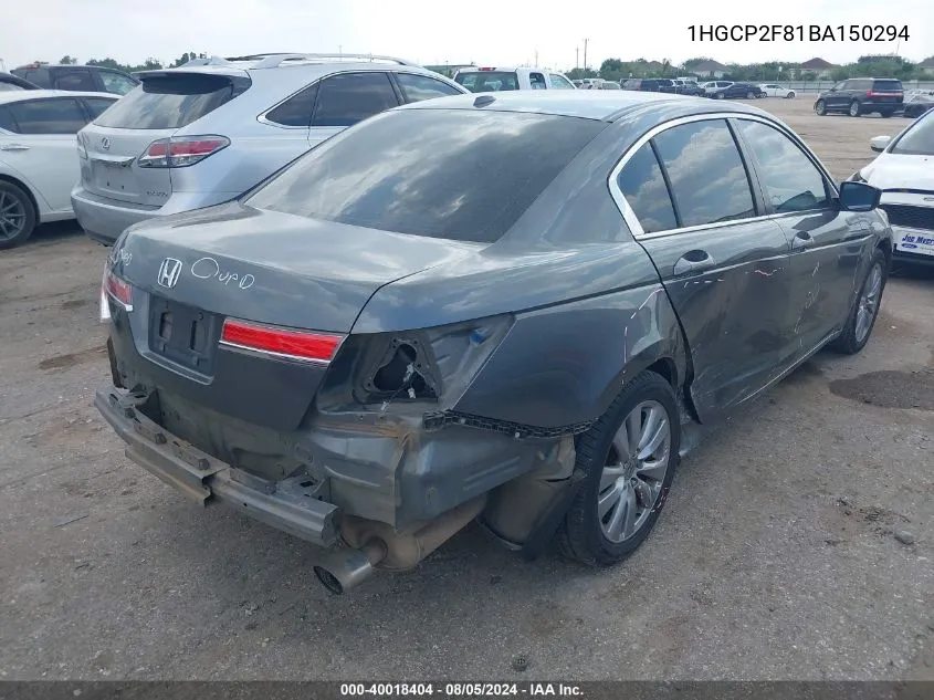 2011 Honda Accord 2.4 Ex-L VIN: 1HGCP2F81BA150294 Lot: 40018404