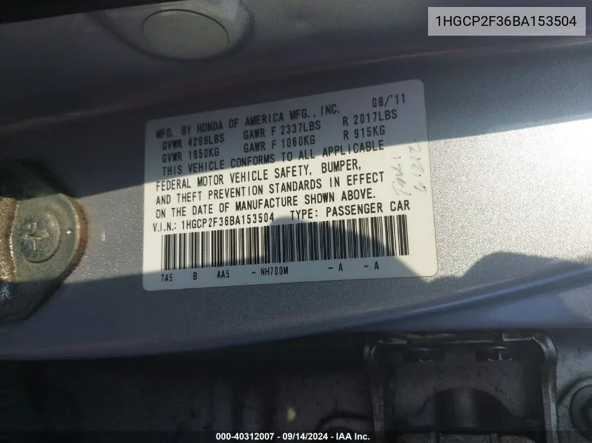 1HGCP2F36BA153504 2011 Honda Accord Lx