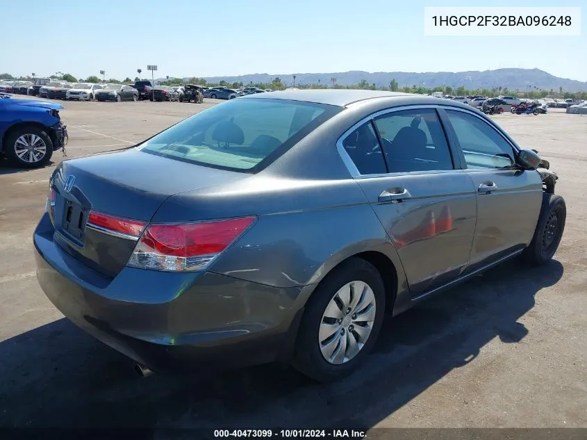 2011 Honda Accord 2.4 Lx VIN: 1HGCP2F32BA096248 Lot: 40473099