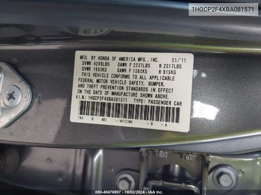 2011 Honda Accord Lxp VIN: 1HGCP2F4XBA081571 Lot: 40476907