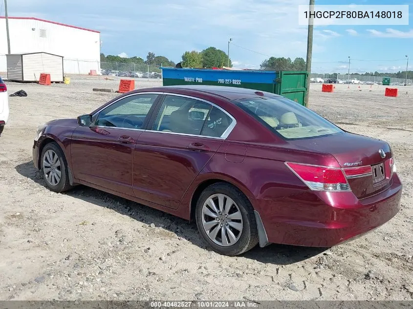 2011 Honda Accord 2.4 Ex-L VIN: 1HGCP2F80BA148018 Lot: 40482527