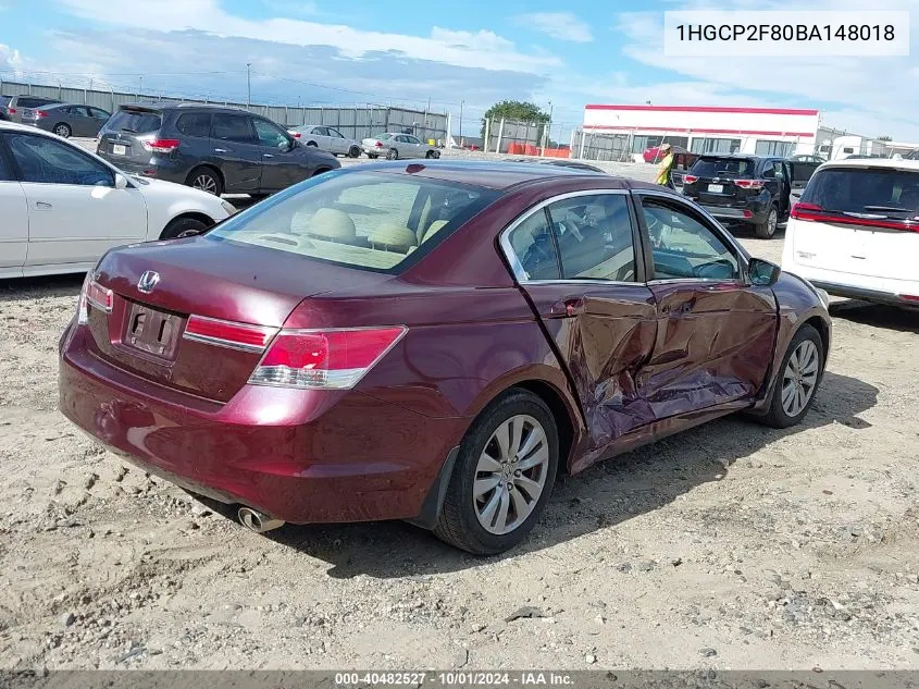 2011 Honda Accord 2.4 Ex-L VIN: 1HGCP2F80BA148018 Lot: 40482527