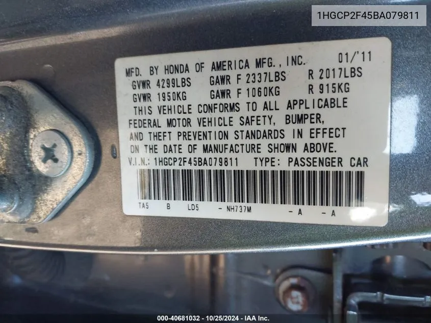 1HGCP2F45BA079811 2011 Honda Accord 2.4 Lx-P