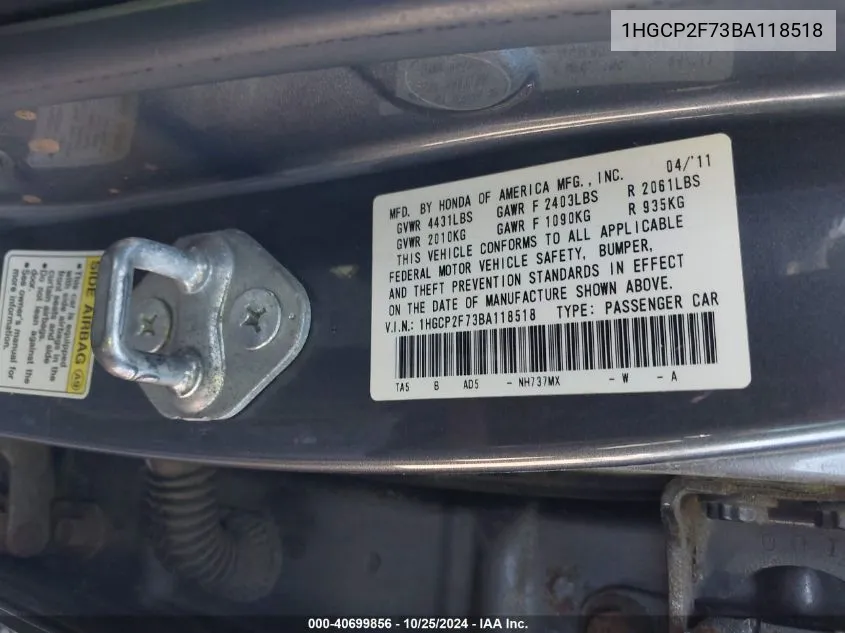 1HGCP2F73BA118518 2011 Honda Accord 2.4 Ex