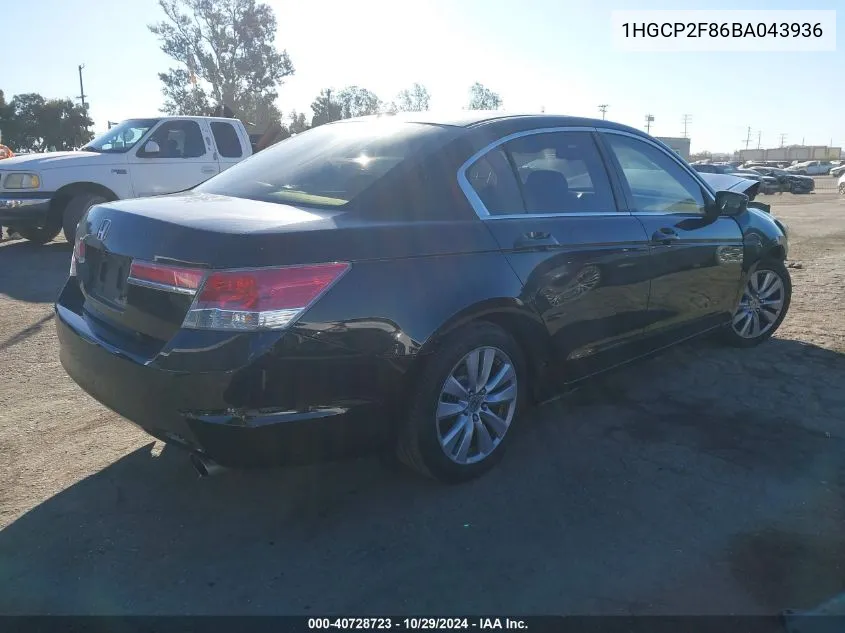 2011 Honda Accord 2.4 Ex-L VIN: 1HGCP2F86BA043936 Lot: 40728723