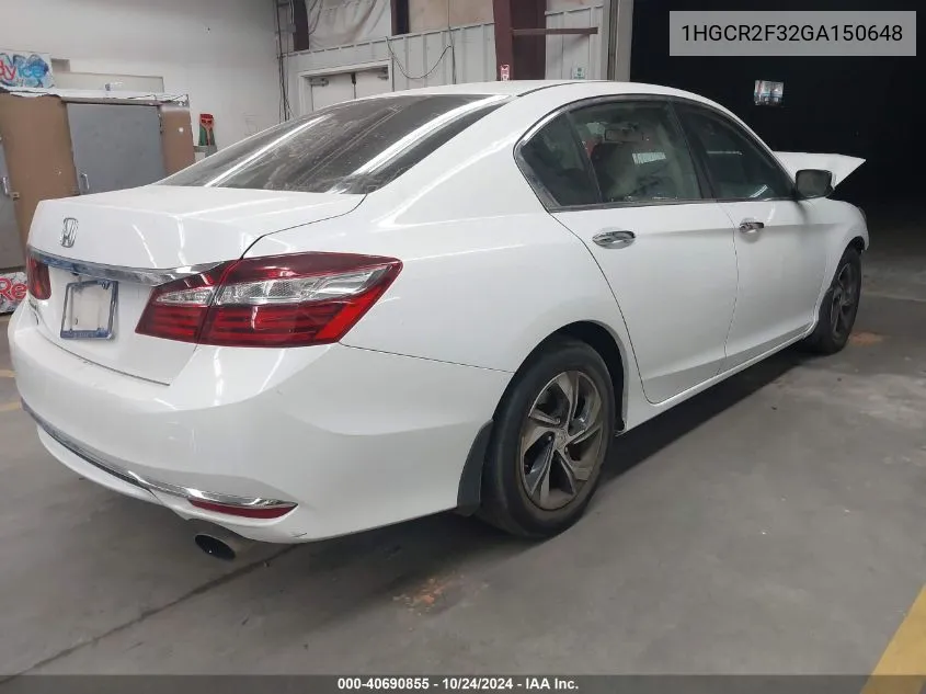 2016 Honda Accord Lx VIN: 1HGCR2F32GA150648 Lot: 40690855