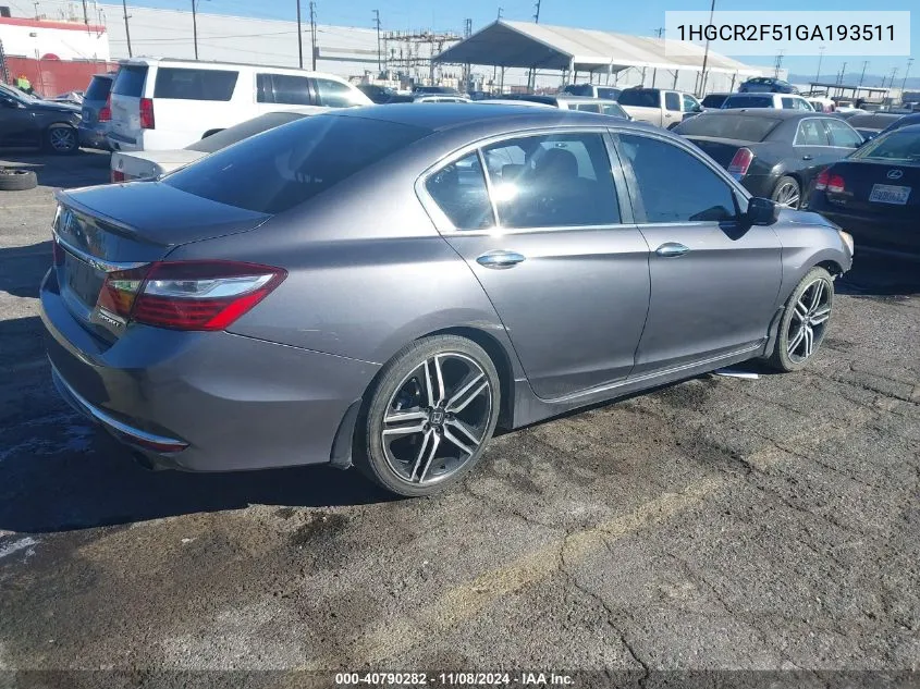 2016 Honda Accord Sport VIN: 1HGCR2F51GA193511 Lot: 40790282