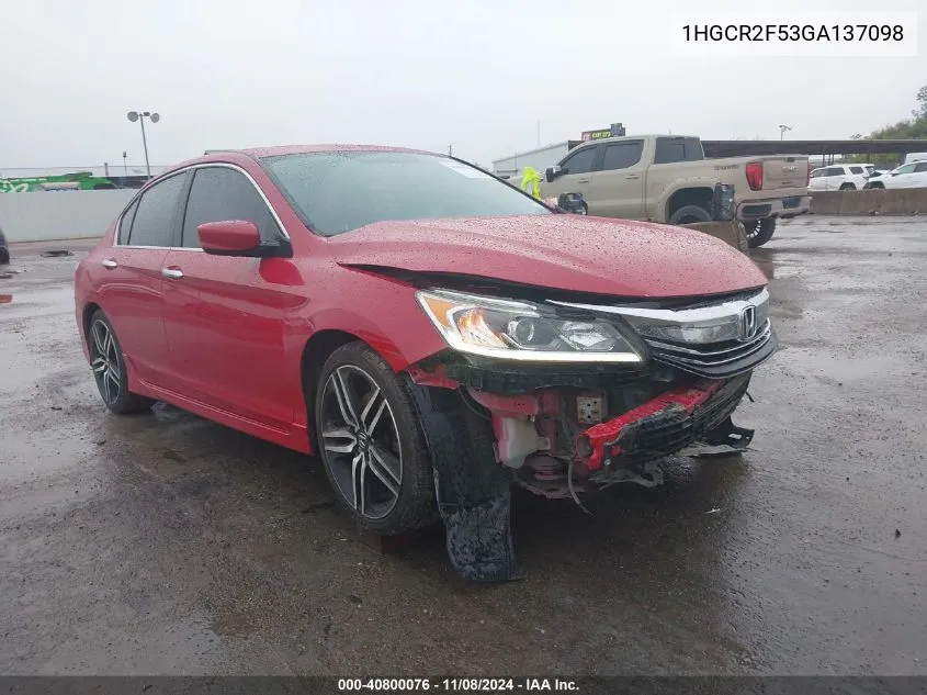 2016 Honda Accord Sport VIN: 1HGCR2F53GA137098 Lot: 40800076