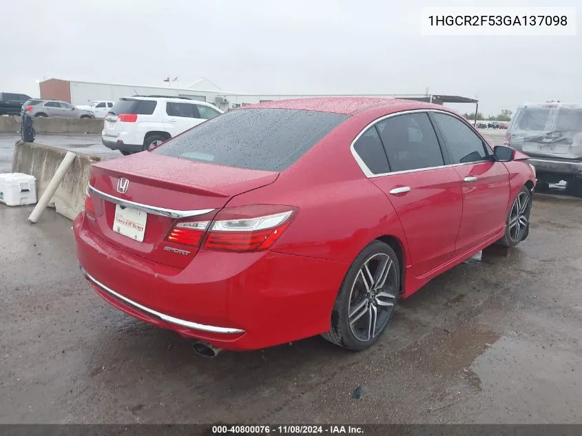 2016 Honda Accord Sport VIN: 1HGCR2F53GA137098 Lot: 40800076