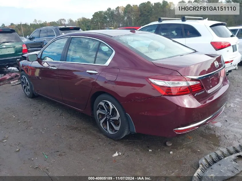 2016 Honda Accord Ex-L VIN: 1HGCR2F81GA151110 Lot: 40805189