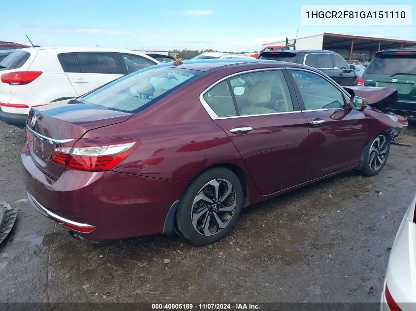 2016 Honda Accord Ex-L VIN: 1HGCR2F81GA151110 Lot: 40805189