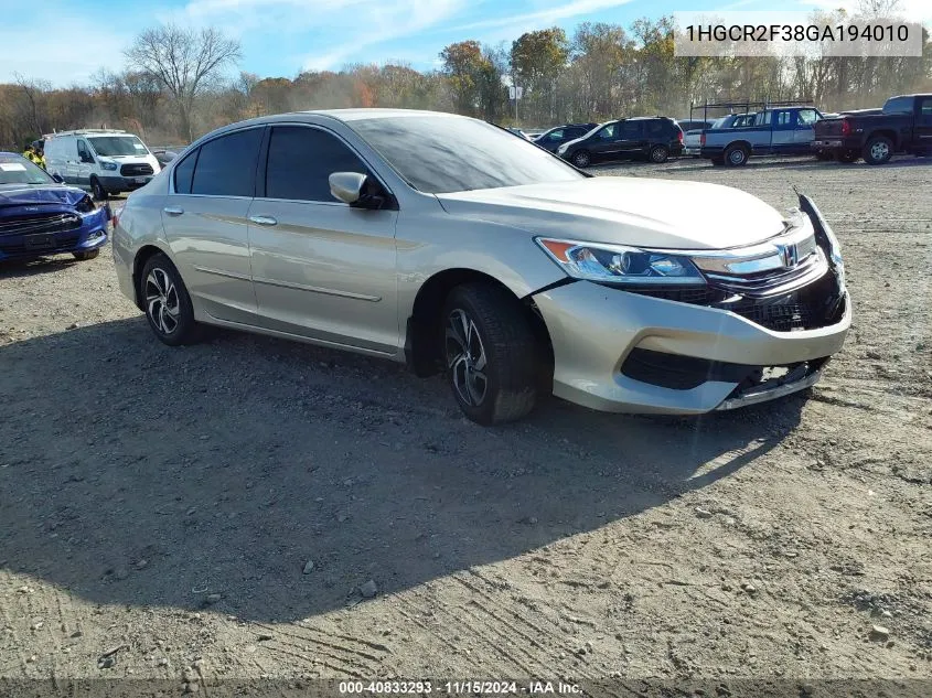 2016 Honda Accord Lx VIN: 1HGCR2F38GA194010 Lot: 40833293