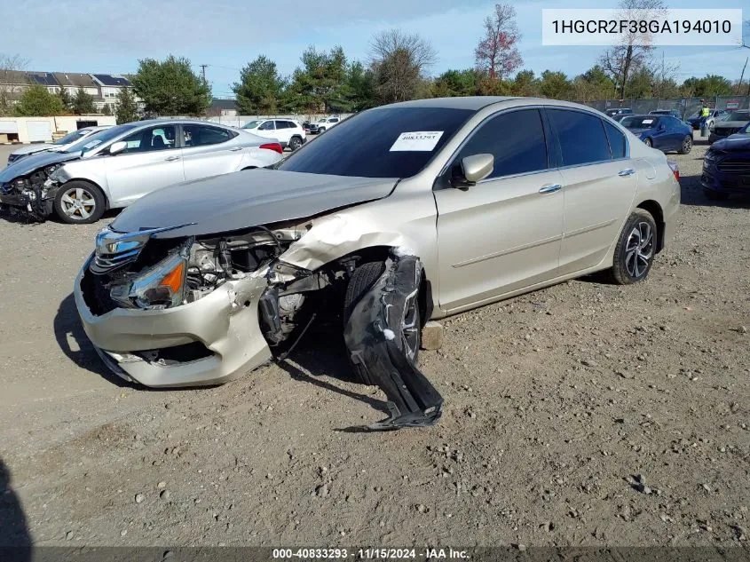 2016 Honda Accord Lx VIN: 1HGCR2F38GA194010 Lot: 40833293