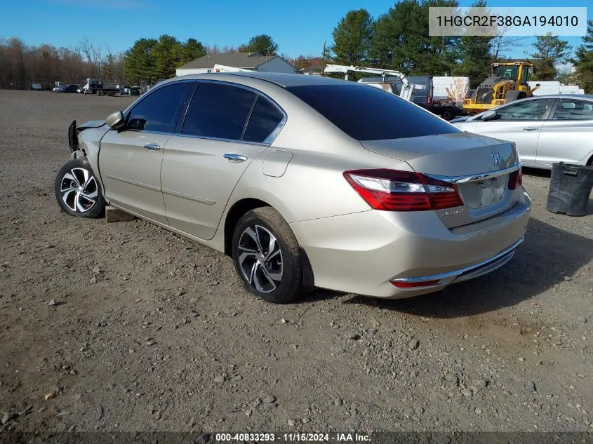 2016 Honda Accord Lx VIN: 1HGCR2F38GA194010 Lot: 40833293