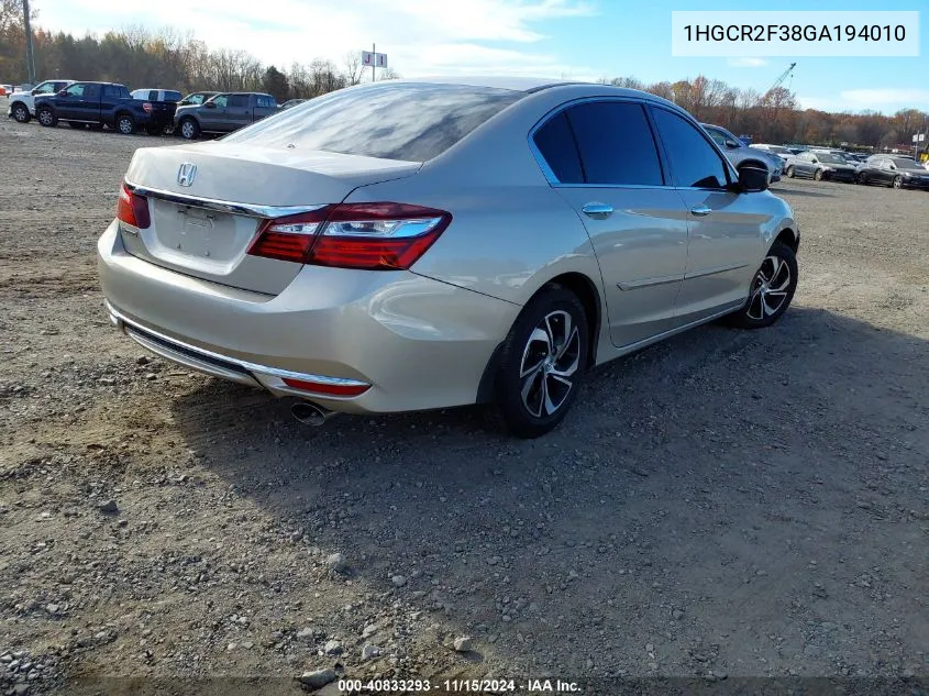 2016 Honda Accord Lx VIN: 1HGCR2F38GA194010 Lot: 40833293