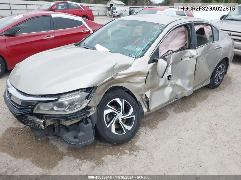 2016 Honda Accord Lx VIN: 1HGCR2F32GA022815 Lot: 40838946