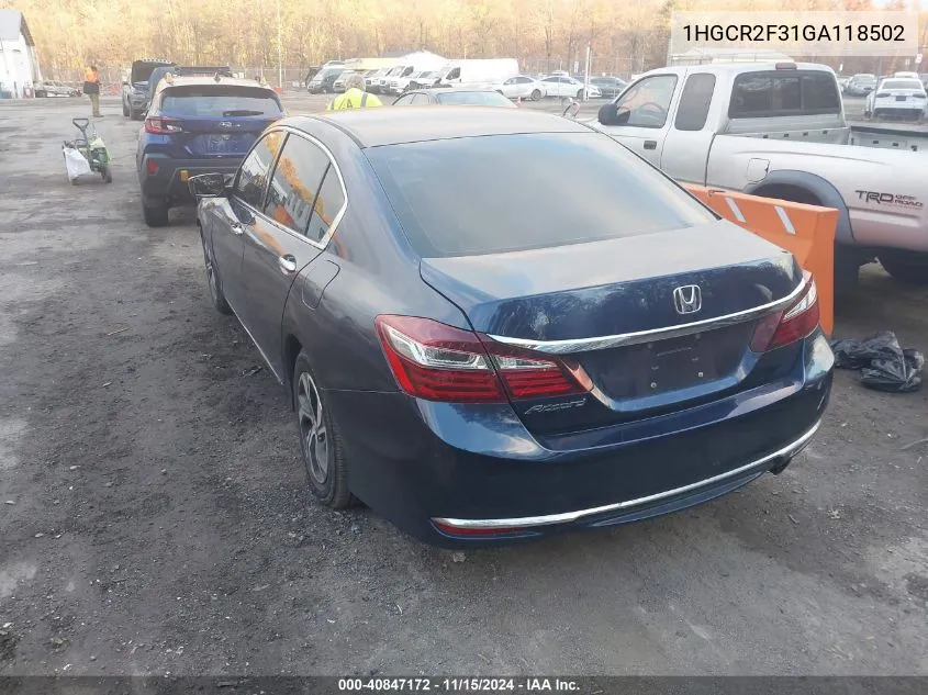 2016 Honda Accord Lx VIN: 1HGCR2F31GA118502 Lot: 40847172