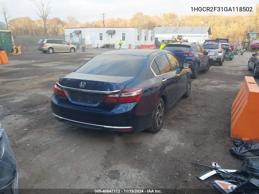 2016 Honda Accord Lx VIN: 1HGCR2F31GA118502 Lot: 40847172