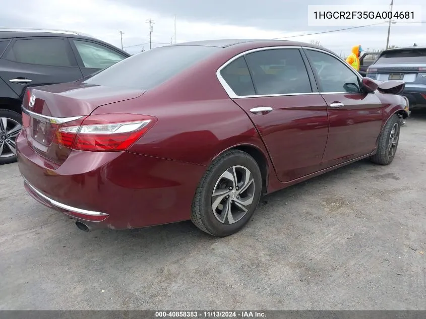 2016 Honda Accord Lx VIN: 1HGCR2F35GA004681 Lot: 40858383