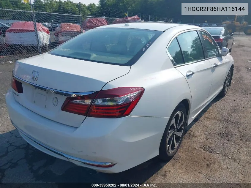 2017 Honda Accord Ex-L VIN: 1HGCR2F86HA116144 Lot: 39950202