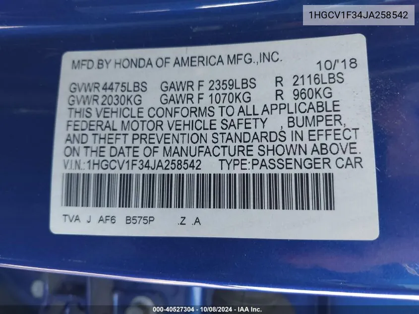 1HGCV1F34JA258542 2018 Honda Accord Sport