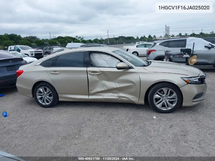 2018 Honda Accord Lx VIN: 1HGCV1F16JA025020 Lot: 40921758