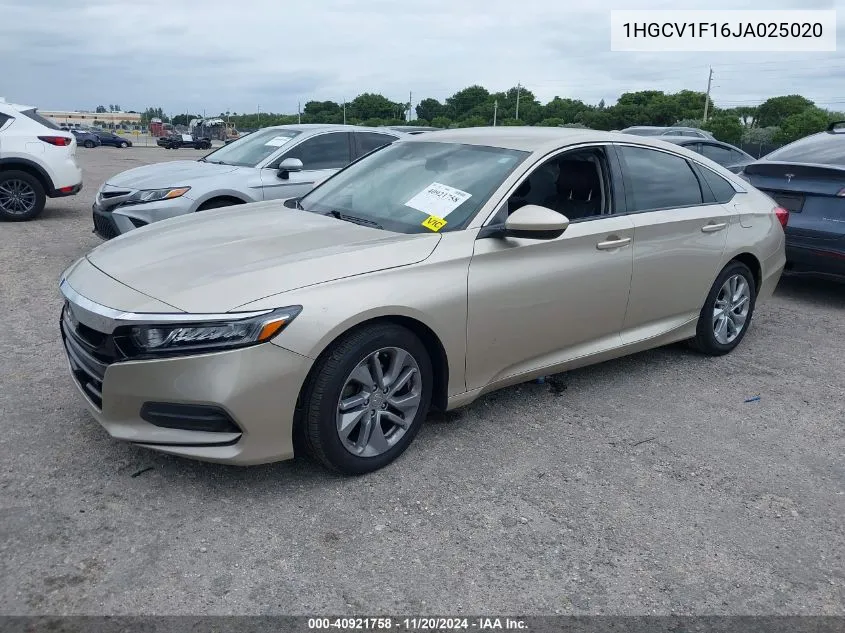 2018 Honda Accord Lx VIN: 1HGCV1F16JA025020 Lot: 40921758