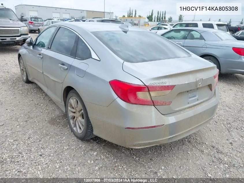 2019 Honda Accord Sedan VIN: 1HGCV1F14KA805308 Lot: 12037808