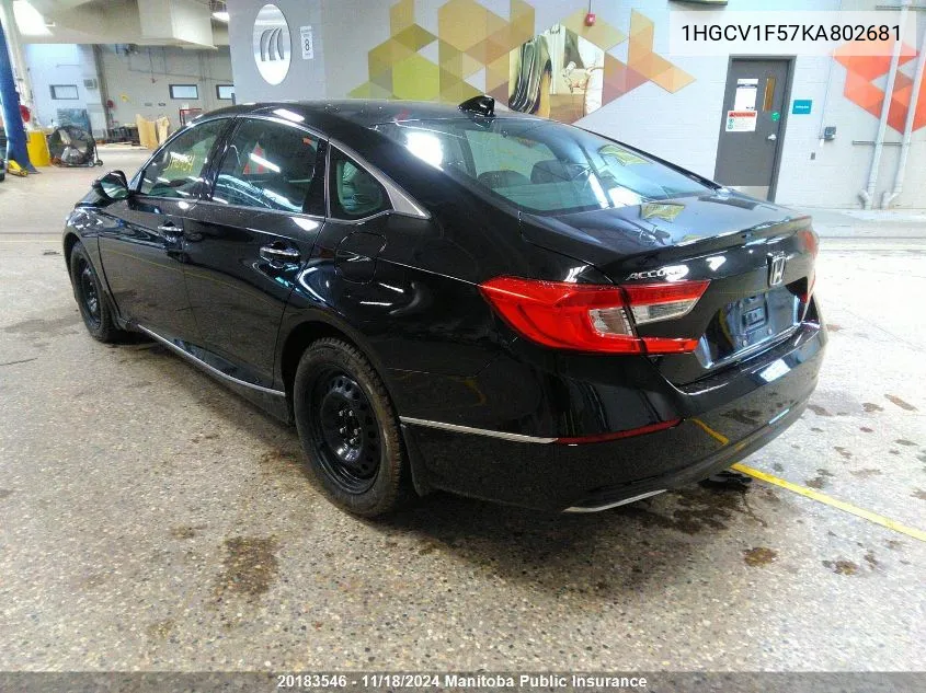 2019 Honda Accord Ex-L VIN: 1HGCV1F57KA802681 Lot: 20183546