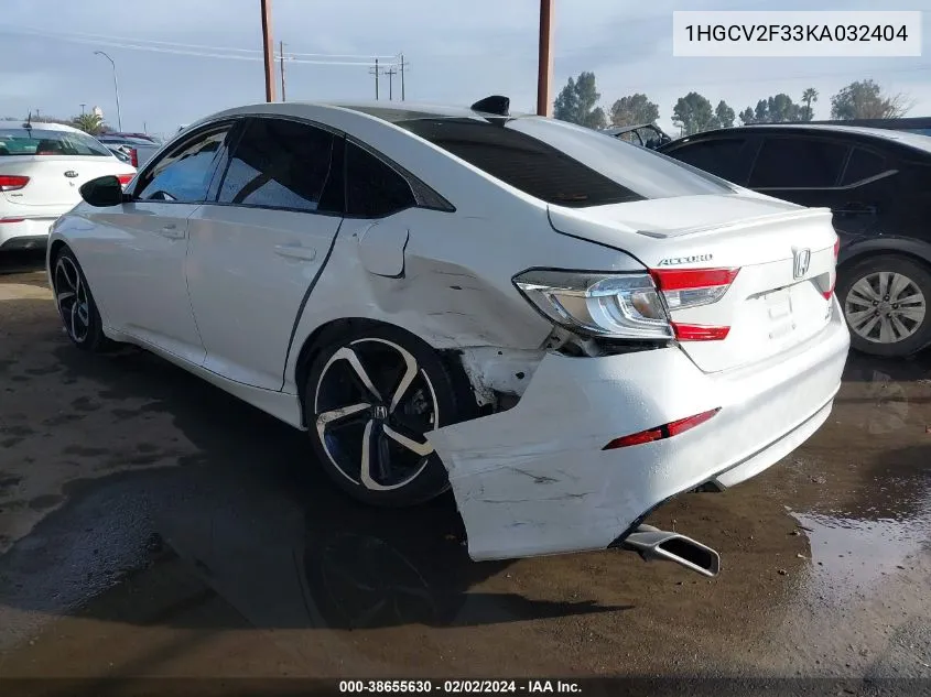 2019 Honda Accord Sport 2.0T VIN: 1HGCV2F33KA032404 Lot: 38655630