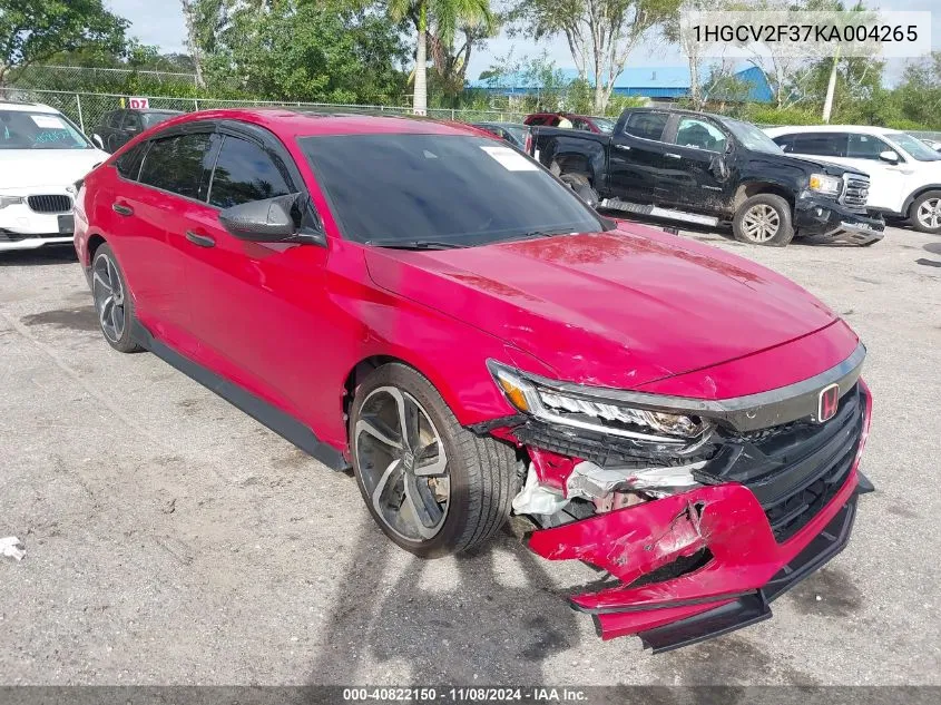 2019 Honda Accord Sport 2.0T VIN: 1HGCV2F37KA004265 Lot: 40822150