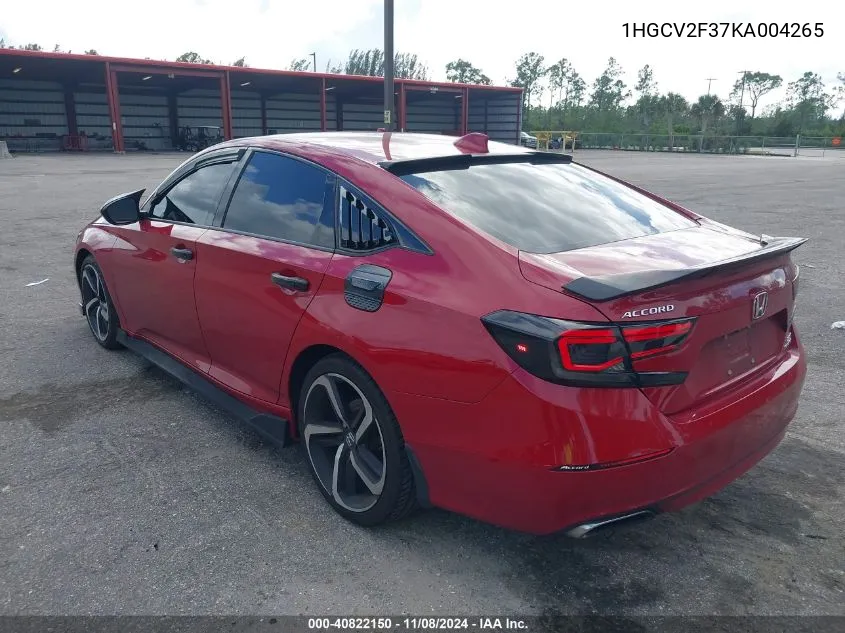 2019 Honda Accord Sport 2.0T VIN: 1HGCV2F37KA004265 Lot: 40822150