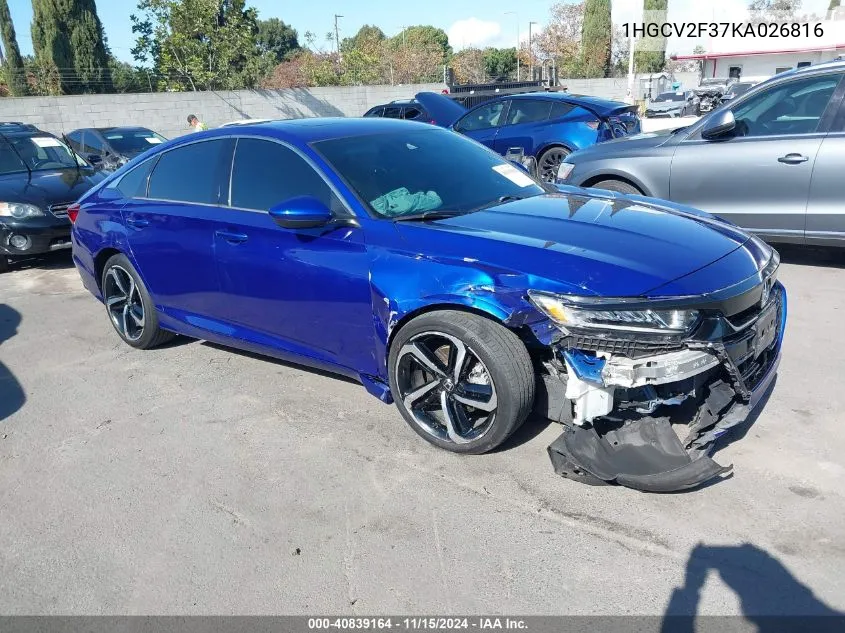 2019 Honda Accord Sport 2.0T VIN: 1HGCV2F37KA026816 Lot: 40839164