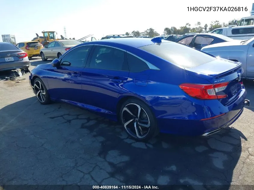 2019 Honda Accord Sport 2.0T VIN: 1HGCV2F37KA026816 Lot: 40839164