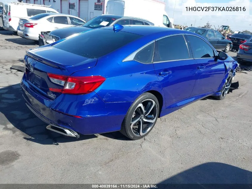 2019 Honda Accord Sport 2.0T VIN: 1HGCV2F37KA026816 Lot: 40839164