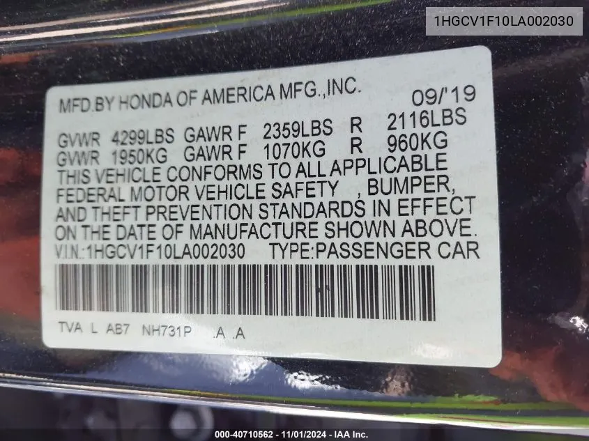 2020 Honda Accord Lx VIN: 1HGCV1F10LA002030 Lot: 40710562