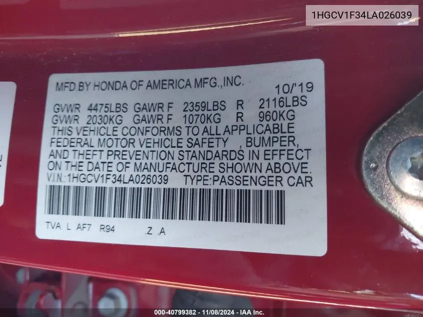 2020 Honda Accord Sport VIN: 1HGCV1F34LA026039 Lot: 40799382